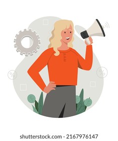 Referral marketing concept. Woman with loudspeaker, product promotion in social networks and instant messengers. Influencer tells friends about special offer. Cartoon flat vector illustration