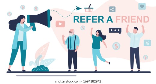 Concepto de marketing de referencia. Una oradora utiliza megáfono para atraer nuevos clientes o socios. Refiérase a un cartel de amigo. Grupo de empresarios. Ilustración vectorial plana