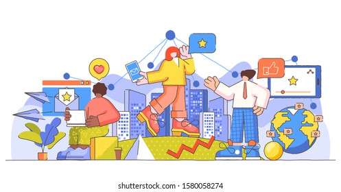 Referral marketing creative quirky big limbs person concept vector illustration. Abstract products promotion. Customers word of mouth engagement and communication service for influencer advertising.