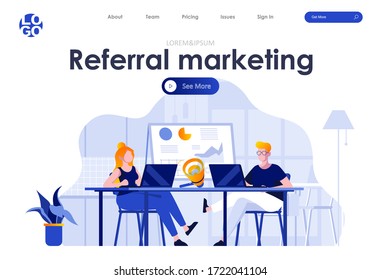 Referral marketing flat landing page design. Young marketers working with laptops in office scene with header. Promoting products or services, new customers of referral program. Friend loyalty program