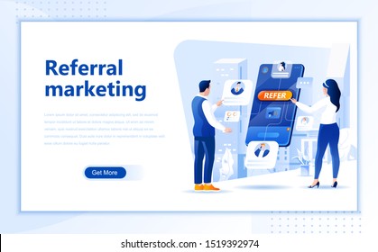 Referral Marketing Flat Web Page Design Template Of Homepage Or Header Images Decorated People For Website And Mobile Website Development. Flat Landing Page Template. Vector Illustration.