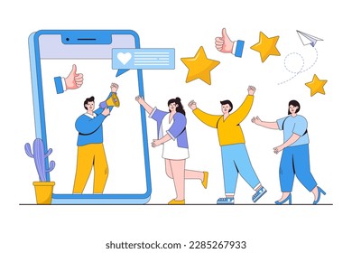 Marketing de referencia, programa de fidelización de amigos, método de promoción, concepto de adquisición de clientes. Estilo de diseño de contorno ilustración vectorial mínima para página de inicio, banner web, infografías, imágenes de héroe.