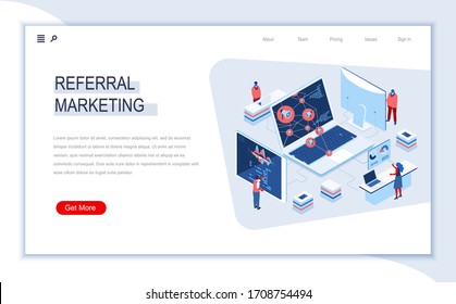 Referral marketing isometric landing page. Promoting products or services, new customers of referral program. Digital technology and devices. Busy people in work situation 3d vector isometry.