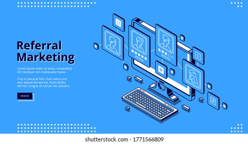 Referral marketing isometric landing page. Refer a friend loyalty program, promotion method, business strategy. People or customers connected in network on laptop screen. 3d vector line art web banner