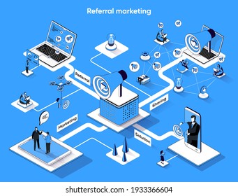 Referral marketing isometric web banner. Refer a Friend flat isometry concept. Sharing business info, social media, loyal customers 3d scene design. Vector illustration with tiny people characters