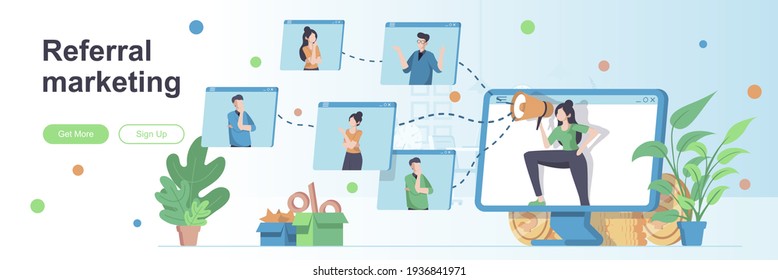 Referral marketing landing page with people characters. Customer referral program banner. Promoting products or services vector illustration. Flat concept great for social media promotional materials.