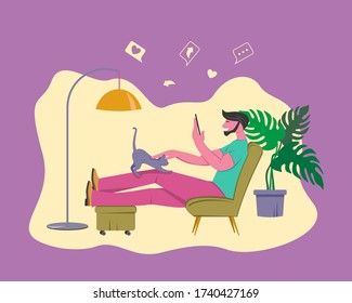 Referral marketing landing page, refer a friend loyalty program, social media promotion. Man at home with smartphone, vector illustration.