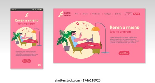 Referral marketing landing page, refer a friend loyalty program, social media promotion. Man at home with smartphone, vector illustration.
