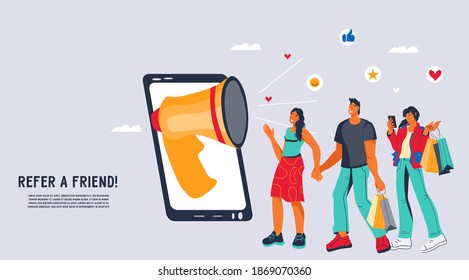 Referral marketing or referral loyalty program, customer acquisition business strategy concept of web banner. Refer a friend business marketing campaign. Vector illustration for site or presentation.