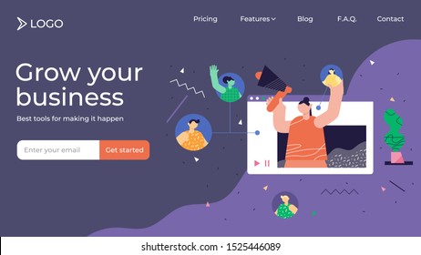 Referral marketing modern abstract landing page template design, vector illustration. Products promotion and new customers engagement method. Consumer audience communication influencer campaign.