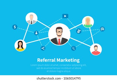 Referral Marketing, Network Marketing, Business Partnership, Referral Program Strategy. Flat Cartoon Design, Vector Illustration On Background