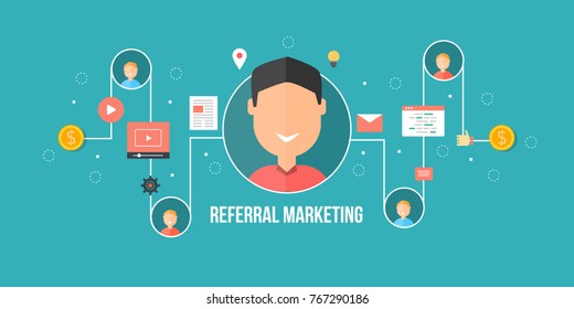 Referral Marketing, Network Marketing, Referral Program Strategy Flat Vector Banner Illustration With Icons