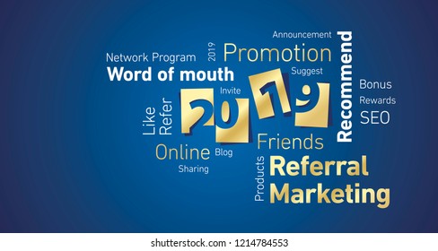 Referral Marketing New Year 2019 gold white word cloud blue board background