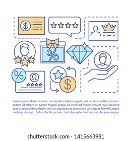 Referral marketing program article page vector template. Loyalty program. Brochure, magazine, booklet design element with linear icons and text boxes. Print design. Concept illustrations with text
