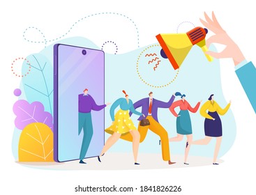 Referral marketing program, refer friend group character in internet vector illustration. People man woman recommend business advertising with megaphone. Flat announcement for customer online.