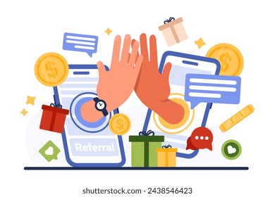 Referral marketing program to refer friend. Big hands of partners from mobile phone screens give five high to share loyalty bonus, discount and gift in social media cartoon vector illustration