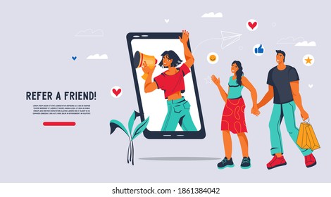 Referral marketing program web banner template with woman inviting friends for sale and happy buyers, flat vector illustration. Refer a friend an advertising concept for a website or app.