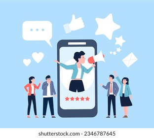 Referral marketing, promoter person influence loyal client. Networking programm, branding and affiliate. Recommend service recent vector scene