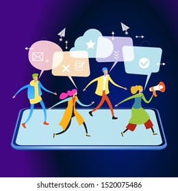 Referral marketing. Promotion method. Refer a friend loyalty program. A group of people come out of a smartphone. Men and women with speech bubbles and icons. 3d vector isometric illustration.