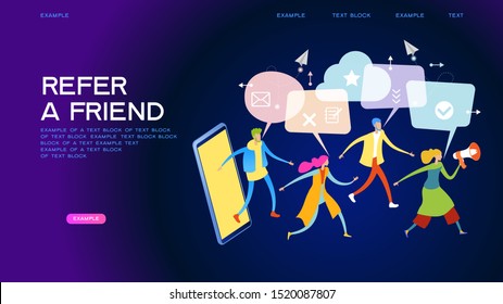 Referral marketing. Promotion method. Refer a friend loyalty program. A group of people come out of a smartphone. Men and women with speech bubbles and icons. 3d vector isometric illustration.