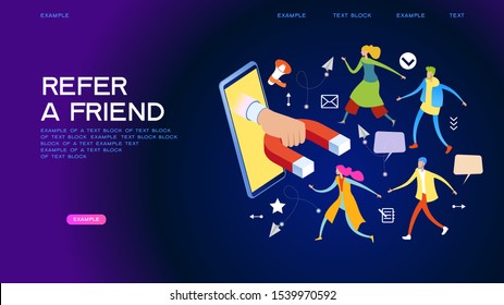 Referral marketing. Promotion method. Refer a friend loyalty program. A group of people come out of a smartphone. Men and women with speech bubbles and icons. 3d vector isometric illustration.