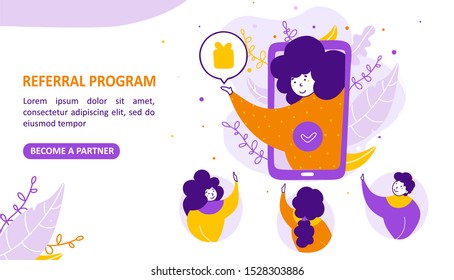 Referral marketing or refer a Friend loyalty program. Website template girl invites referral friends from a huge smartphone. Flat vector illustration.