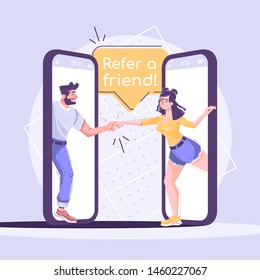 Referral marketing social media post mockup. Advertising web banner design template. Social media booster, content layout. Promotion poster, print ads with flat illustrations. Girl invites friend