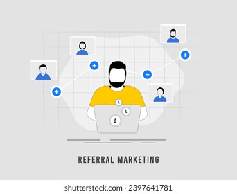 Concepto de software de marketing de referencia. Palabras de boca, marketing de relaciones y programa de remisión de influencer con código de referencia compartido. Ilustración vectorial aislada del concepto del programa de referencia a un amigo