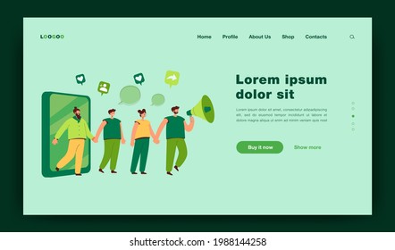 Referral marketing strategy. Man attracting people with megaphone, friend loyalty program flat vector illustration. Teamwork, attracting audience concept for banner, website design or landing web page