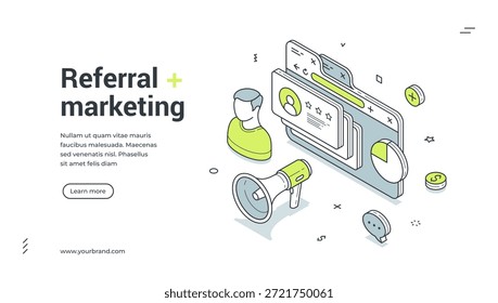 Referral marketing strategy promo program isometric web banner design template vector illustration. Internet advertising campaign client recommend loyalty affiliate social media network technology