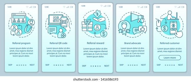 Referral marketing tools onboarding mobile app page screen with linear concepts. Five Steps graphic instructions. Customer attraction, retention. UX, UI, GUI vector template with illustrations