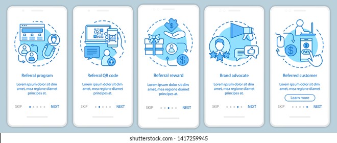 Referral Marketing Tools Onboarding Mobile App Page Screen With Linear Concepts. Five Steps Graphic Instructions. Customer Attraction, Retention. UX, UI, GUI Vector Template With Illustrations