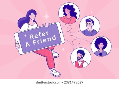 Referral marketing vector. Marketing consumer audience communication service for influencer advertising. blogger promotion services and goods for her followers online. Refer A Friend loyalty program.