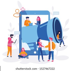 Referral marketing. Vector illustration for web banner, mobile website. Landing page template. Refer A Friend loyalty program, promotion method. Group of people or customers near  big tablet.