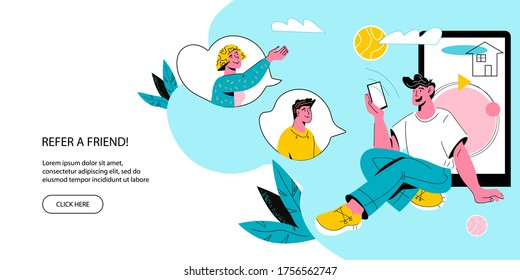Interfaz de la página web de marketing de referencia para el programa de lealtad de Refiérase a un Amigo con el personaje de caricatura masculina usando el teléfono móvil para promocionar negocios.  Ilustración vectorial de dibujos animados planos.