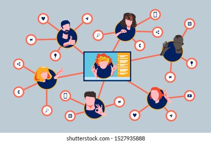Referral network program marketing concept. Refer a friend - business strategy. Faces different nationalities and cultures gesticulate hands. Social networks, communication via mobile phone, web chats