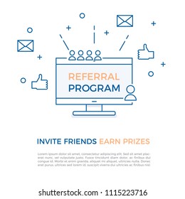 Programa de referência, marketing de afiliados, conceito de negócios on-line. Convide amigos, ganhe prêmios. Ilustração vetorial com tela de computador, retratos, polegares para cima e formas geométricas.
