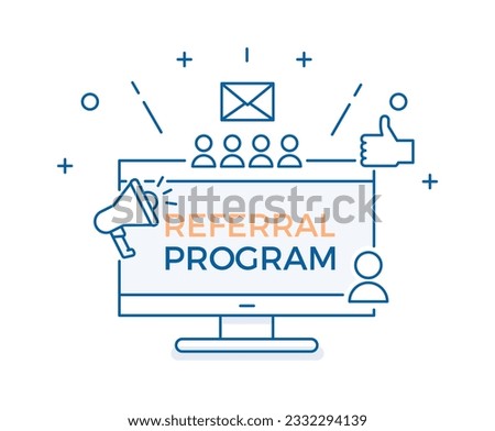 Referral program, affiliate marketing, online business concept. Invite friends, earn prizes. Vector thin line icon illustration with computer screen, portraits, thumbs up and geometric shapes.
