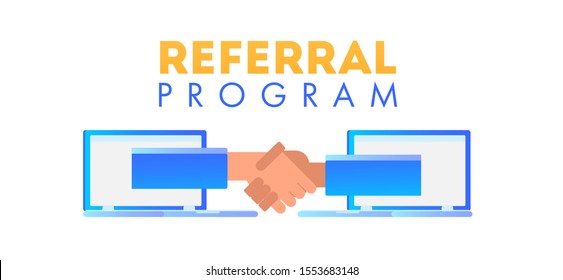 Referral program to attract new customers. Digital concept of modern smartphone with human hand, money coins and surprise gift box. Handshake of business partners. Refer a friend vector illustration, 