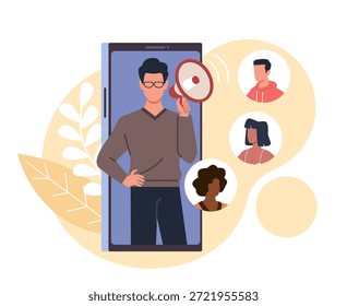 programa de Recomendación. Atraer a nuevos clientes, marketing en red, invitar a amigos, hombre sostiene el megáfono, pantalla de teléfono inteligente con íconos de avatares, Vector de publicidad en redes sociales, dibujos animados, concepto aislado plano