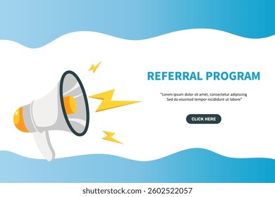 Referral program, banner with megaphone. Contest speech bubble banner. Vector illustration for retail shopping online marketing template, banner, poster, and background.