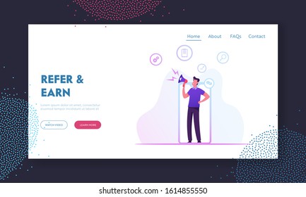 Referral Program, Blogging or Social Media Networking Website Landing Page. Man with Megaphone in Hands Stand at Smartphone Screen Give Announcement Web Page Banner. Cartoon Flat Vector Illustration