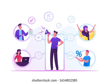 Referral Program Business Concept. Salesman Shouting to Megaphone Attracting Audience to Refer Friends. People Connected with Internet and Relationship Network. Cartoon Flat Vector Illustration