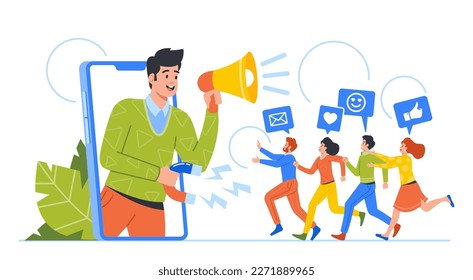 Referral Program Business Concept. Salesman Character Shouting to Megaphone Attracting Audience to Refer Friends