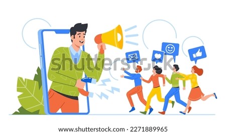 Referral Program Business Concept. Salesman Character Shouting to Megaphone Attracting Audience to Refer Friends