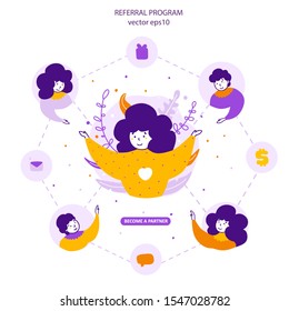Referral program, business partners attraction flat vector illustration