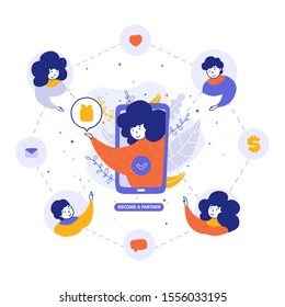 Referral program, business partners attraction flat vector illustration