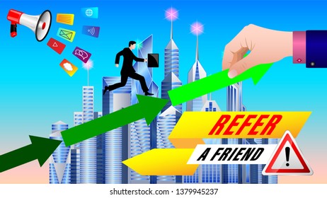 Referral Program. Businessman, a small man, under the megaphone is rising on green arrows, a huge hand helps him. Modern city with skyscrapers in the background. Vector, illustration 