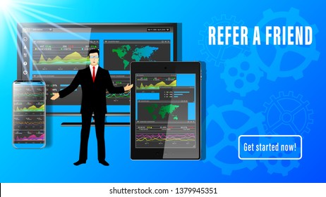Referral Program. Businessman, a small man, stands between electronic devices: smartphone, display, tablet pc. Gears in the background. Realistic web page Vector, illustration. 