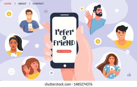 Referral program concept. Hand holding phone. Business partnership strategy with group of people. Network marketing, referring friends, affiliate marketing concept. Landing page template. Vector.